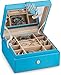 Glenor Co Jewelry Box Organizer - Small 17 Slot Classic Holder with Modern Closure, Large Mirror, 2 Trays for Women, Girls & Teens - Storage Case for Earring Ring Necklace Bracelet - PU Leather Blue