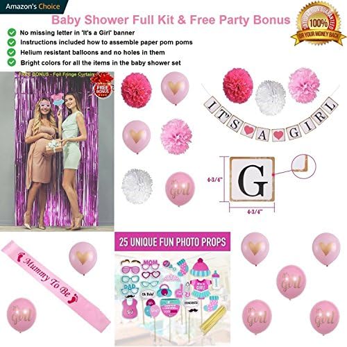 Baby Shower Decorations for Girl | Pink Baby Girl Party Favors | Its a Girl Banner and Photo Booth Props | Pink and Gold Balloons | Bonus Elegant Photo Background for Party Decorations