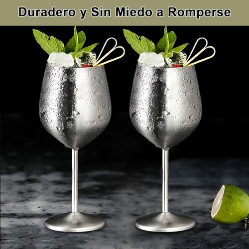 Copas de Vino Acero Inoxidable con Tallo 500ml 2 Pieza, Taza Cobre de Vino Tinto Cóctel Inastillable Fácil de Limpiar, Copas Irrompible para Aniversarios Navidad Fiesta Piscina Boda, Alto 21cm (Plata)