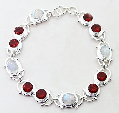 Designer Sterling Silver Overlay Clasp Bracelet with Genuine Garnet and Rainbow Moonstone Gemstones