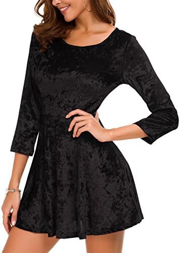 DGMYG Women's 3/4 Sleeve Round Velvet Skater Casual Swing Flared Short Mini Dress