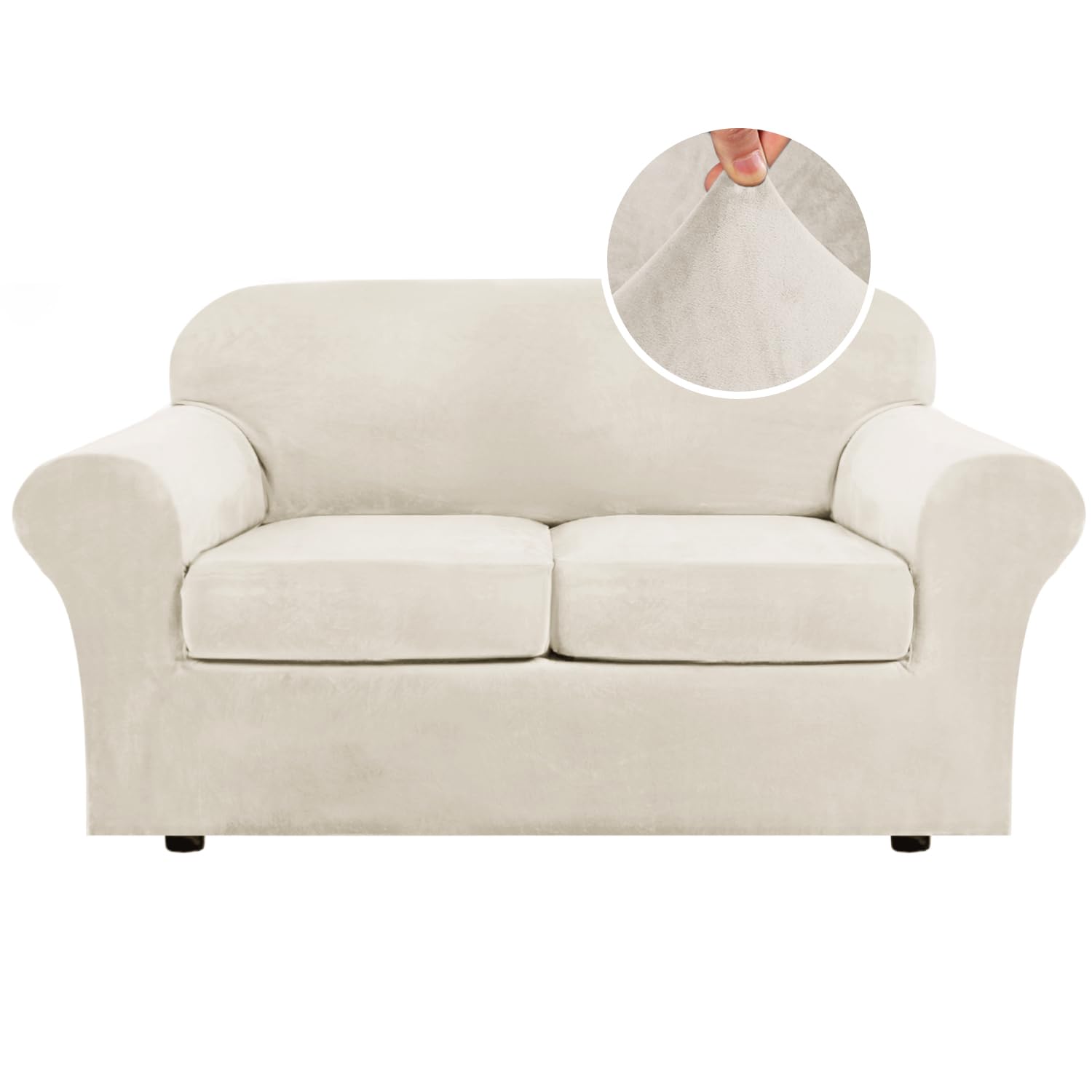 Photo 1 of H.VERSAILTEX Real Velvet Plush 3 Piece Stretch Sofa Covers Couch Covers for 2 Cushion Couch Loveseat Covers Width Up to 72 Inch Feature Thick Soft Stay in Place (Medium Sofa, Porcelain)