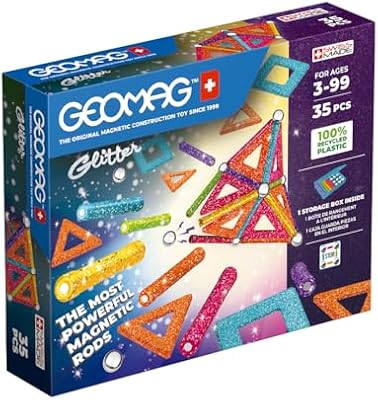 , Glitter Recycled, Constructions Magnétiques Pailletées, Barrettes Magnétiques Pailletées et Colorées, Pack de 35 Pièces, 100% Plastique Recyclé
