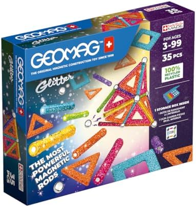 , Glitter Recycled, Constructions Magnétiques Pailletées, Barrettes Magnétiques Pailletées et Colorées, Pack de 35 Pièces, 100% Plastique Recyclé