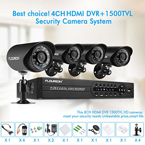 FLOUREON House Security Camera System 1080N DVR + 4 Pack 1.0MP CMOS Lens CCTV Security Camera 1500TVL Night Vision Remote Access Motion Detection (4CH+ 4X 1500TVL Camera) - Thumbnail 7