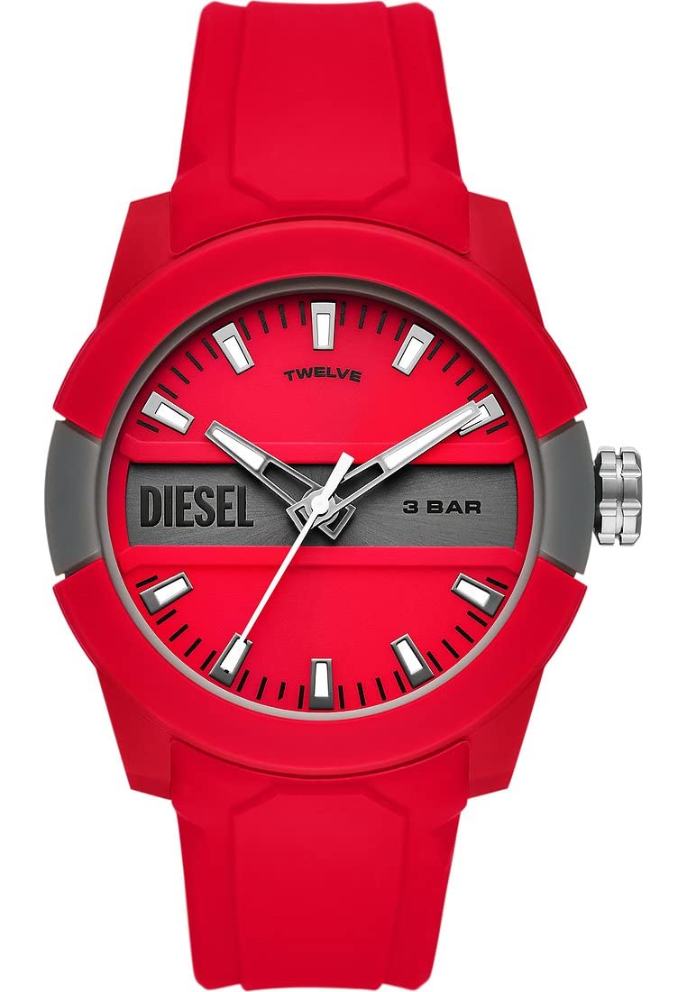 Diesel Watch for Men Double Up, Three Hand Movement, 43 mm Red Nylon Case with a Silicone Strap, DZ1980
