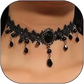 Rrdaily Gothic Crystal Lace Pendant Necklace for Women Punk Adjustable Black Gemstone Statement Collarbone Chain Exaggerated Lace Choker Halloween Jewelry Gifts