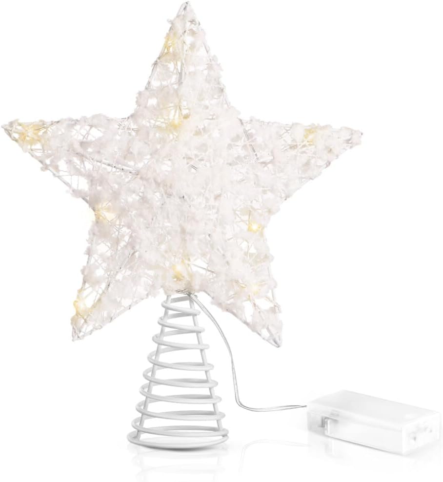 Tree Toppers - Unomor Christmas Star Tree Toppers, White Cotton Balls Metal Hallow Design with 15 LED Lights (Batteries not Included)