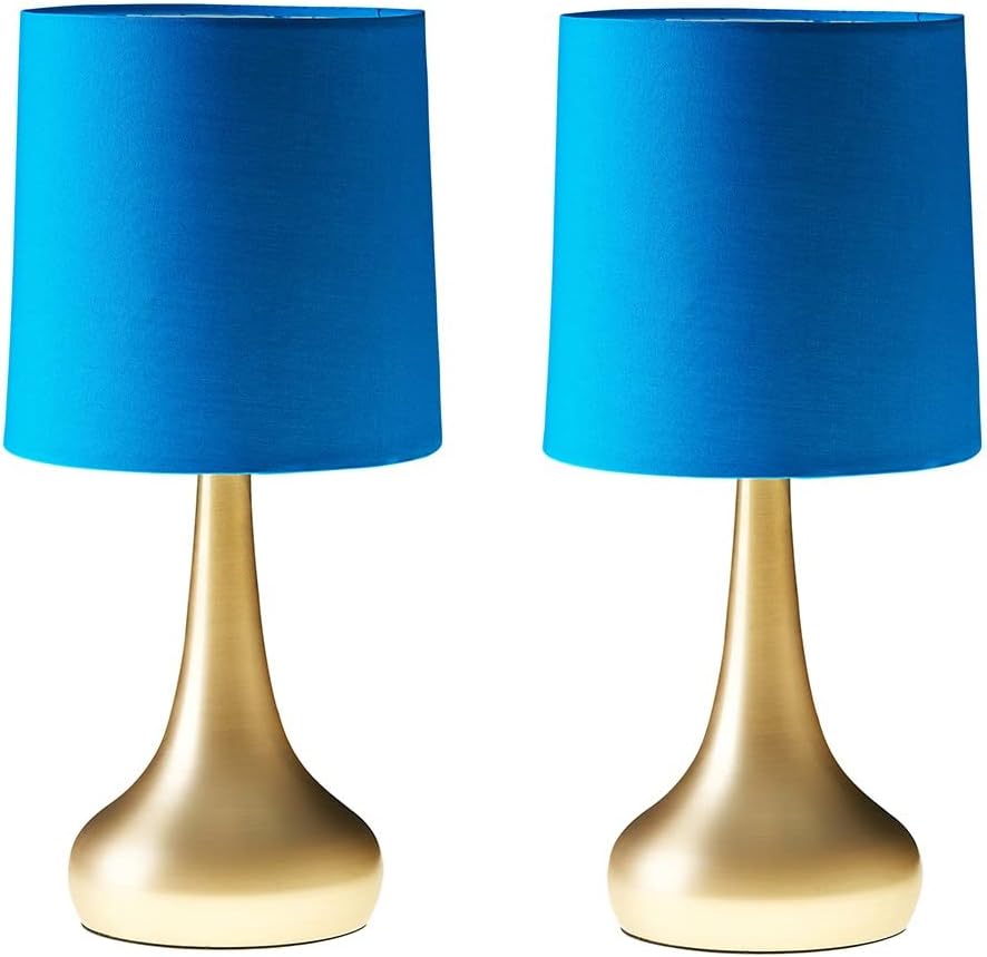 MiniSun Modern Chrome Teardrop Touch Table Lamp Set of 2 with Blue Fabric