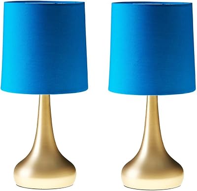 MiniSun Modern Chrome Teardrop Touch Table Lamp Set of 2 with Blue Fabric