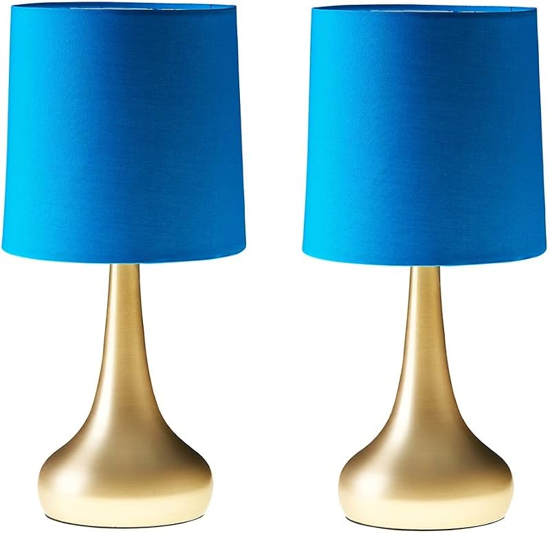 MiniSun Modern Chrome Teardrop Touch Table Lamp Set of 2 with Blue Fabric