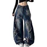 Unisex Y2K Graffiti Baggy Jeans – Vintage Wide Leg Oversized Streetwear Denim Pants with Star Heart Print