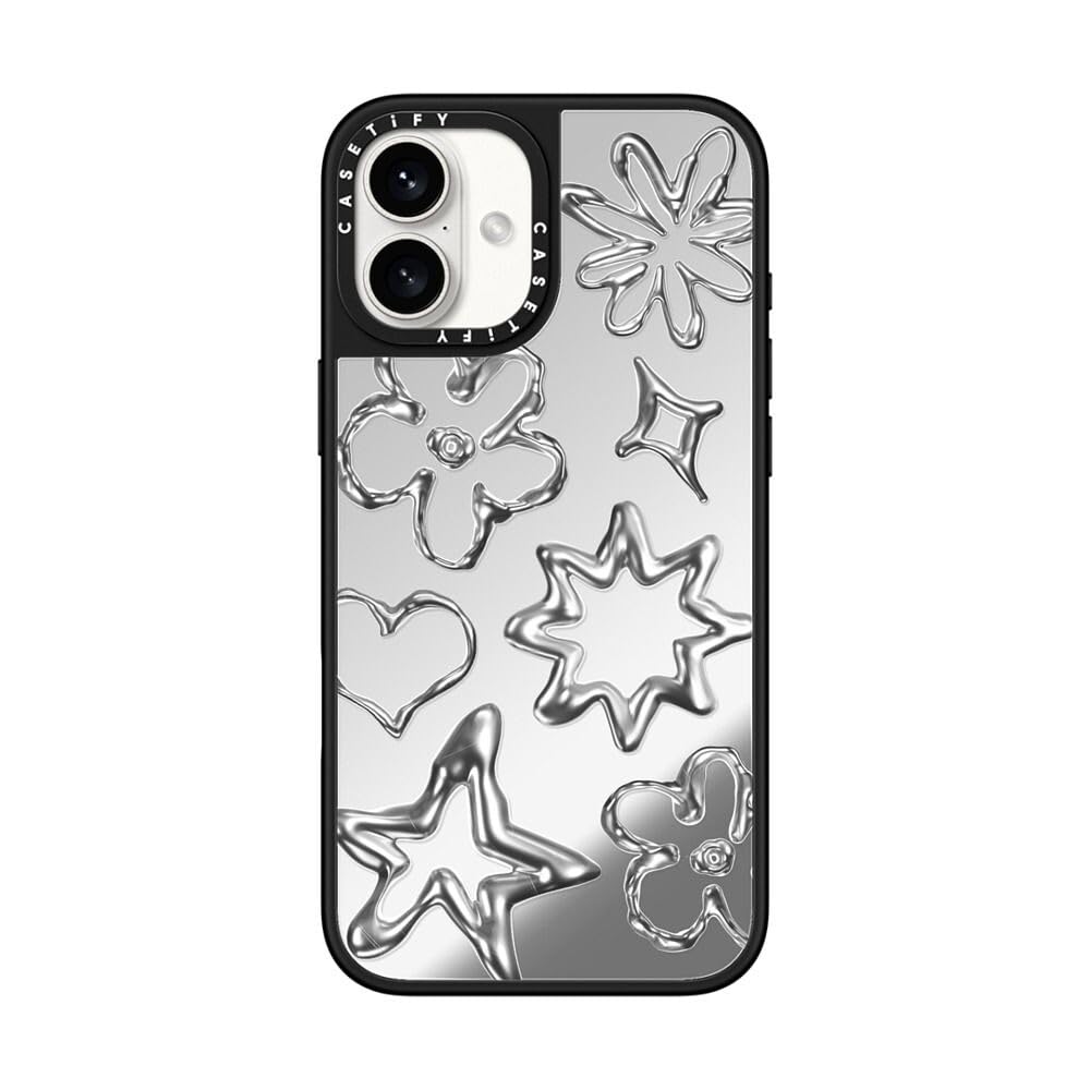 CASETiFY Mirror iPhone 16 Plus Case [Reflective / 4.9 ft. 1X Military Grade Drop Protection/Compatible with Magsafe] - Chrome Doodles - Silver on Black
