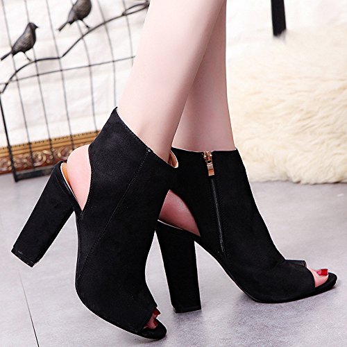 Kauneus Women's Zip up Cutout Chunky Stacked Heels Ankle Booties Fisherman Sandals Black - Thumbnail 3