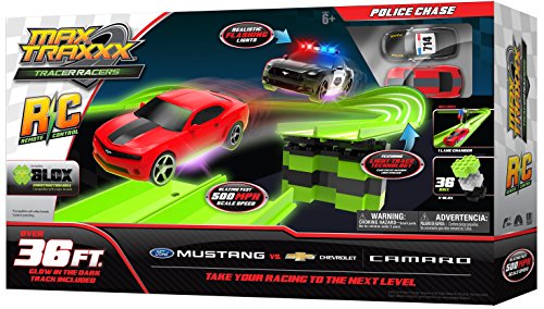 Max Traxxx R/C Tracer Racers High Speed Remote Control 'Police Chase' Officially Licensed Ford Mustang vs Chevy Camaro Track Set