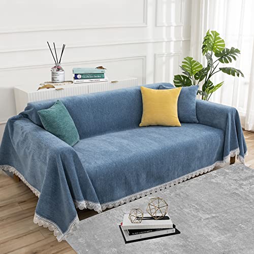 MYSKY HOME Sectional Sofa Covers Blue Couch Covers for 3 Cushion Couch Sofa Chenille Couch Cover Living Room Multi-Use L Shaped Sofa Slipcovers for Dogs Cats Kids Lace Edge 71" x 134"