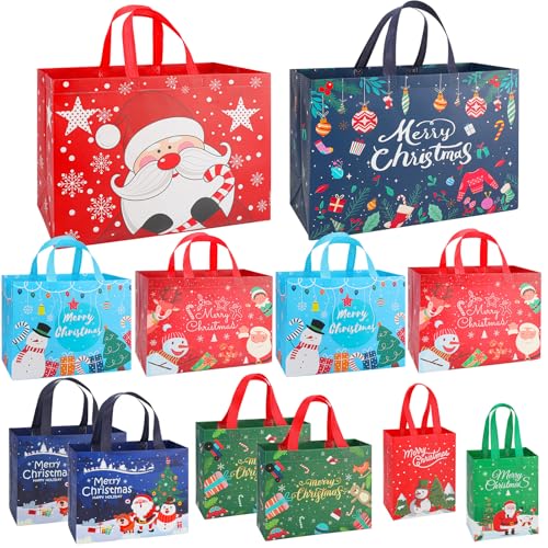 Christmas Gift Bags Assorted Sizes, Extra Large/Medium/Small 12PC Christmas Tote Bags with Handles, Heavy Duty Non-Woven Christmas Shopping Bags, Party Favor Bags, Large Holiday Bags for Presents Bulk