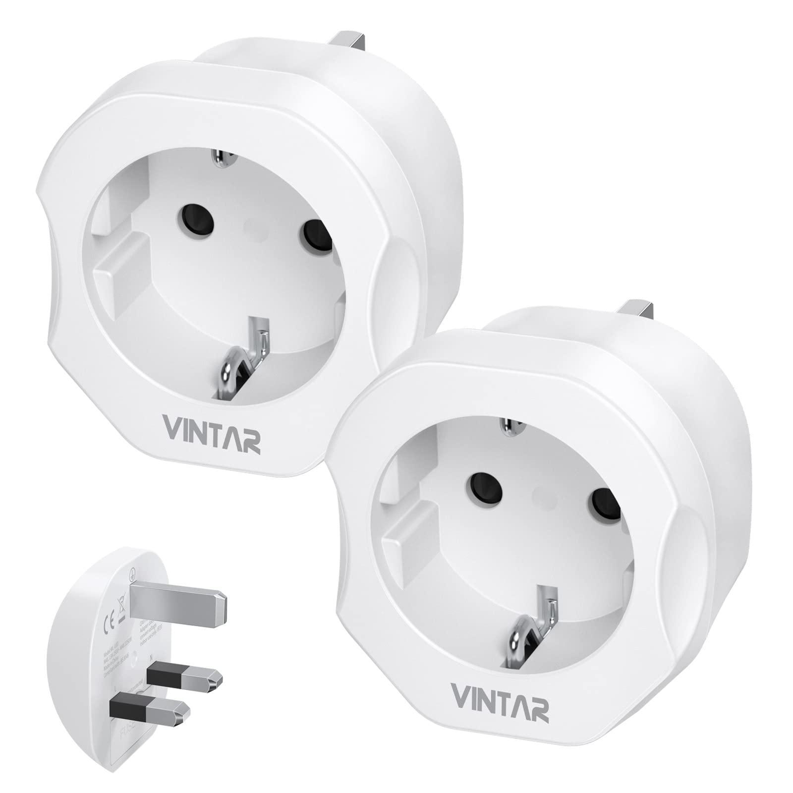 European to UK Plug Adaptor 2 Pack,VINTAR EU to UK Plug Adapter,2 Pin to 3 Pin Adapter Plug UK from France,Spain,Germany to UK,White
