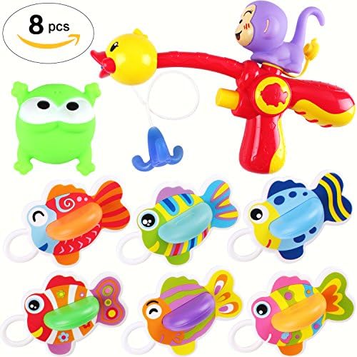 VOHUKO Bath Toy,Fishing Game 8 PCs Set of Monkey Fishing Rob and 6 Fish with A Squirt Frog Educational Toy for Kids