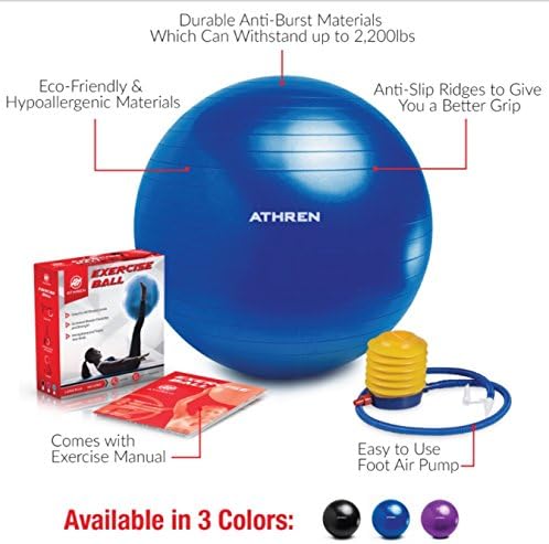 Exercise Ball with Pump (Different Sizes &amp; Colors) - 2000lbs Anti-burst Yoga Ball - Also Known as: Fitness Ball, Swiss Ball - Multiple Colors