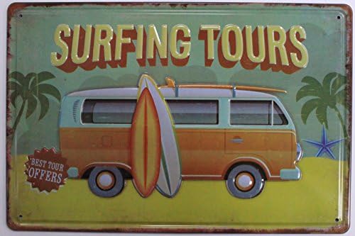 Dehavre Surfing Tours VW, Beach, Palms and Surfboard California Summer Surfer Beautiful Weather Tin Sign Retro Vintage Distressed Home Decor Wall 8"x12" inches