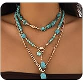 Quivox Chunky Turquoise Necklaces for Women Vintage Gold Statement Necklace Bohemian Layered Necklaces Charm Beaded Choker Western Jewelry Accessories