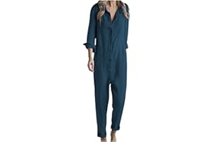 YARDSONG Womens Linen Jumpsuits Long Sleeve Button Up Casual Long Pant Romper Loose Fit Lapel Shirt Overall with Pockets