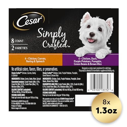 CESAR SIMPLY CRAFTED ADULT WET DOG FOOD MEAL TOPPER, CHICKEN, DUCK, PURPLE POTATOES, PUMPKIN, GREEN BEANS & BROWN RICE AND CHICKEN, CARROTS, BARLEY & SPINACH MULTIPACK, 1.3OZ (8 COUNT, PACK OF 1)