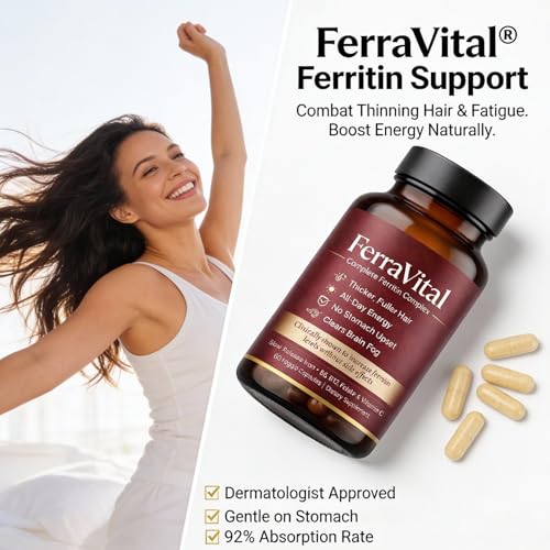 FerraVital Ferritin Support Iron Supplement for Women – Supports Healthy Iron & Energy Levels – with Ferrous Glycine,Vitamin C, B12, B6, Folate, Zinc & Probiotics – 60 Capsules(1pc)