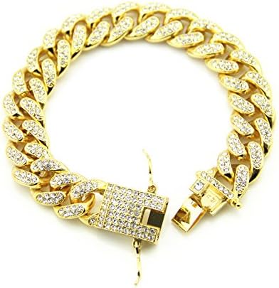 Fashionever Mens Womens Iced Out Curb Cuban Chain Bracelet with Full Crystals Hip Hop Bracelet Jewelry Gold Silver Plated 8 inch (Gold)