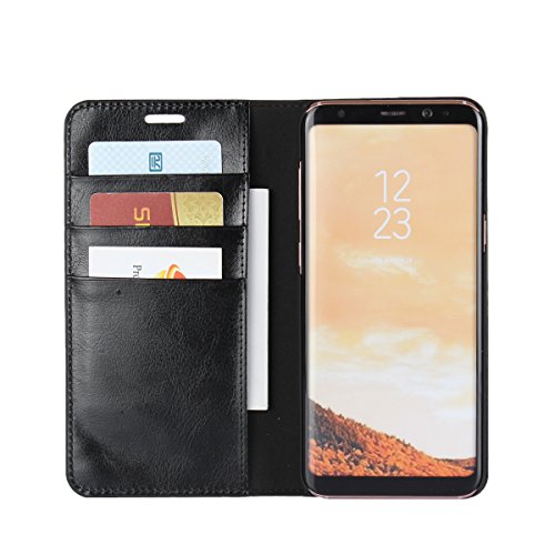 Galaxy S8 Case, Jaorty Genuine Leather Folio Flip Wallet Case Cover Book Design with Kickstand Feature with Card Slots/Cash Compartment for Samsung Galaxy S8 (5.8") - Black