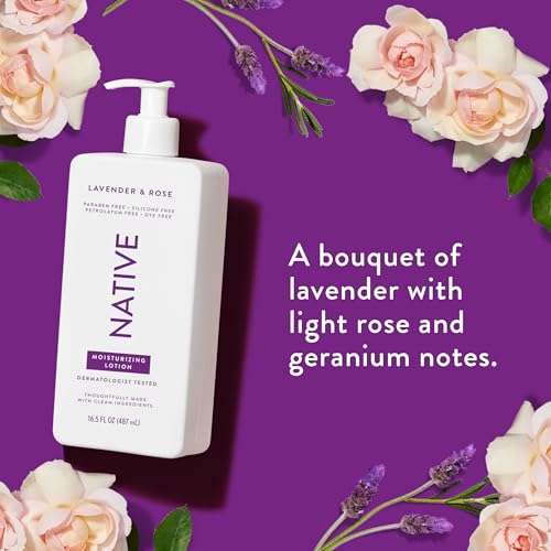 NATIVE BODY LOTION, LAVENDER & ROSE, 48-HOUR HYDRATION FOR DRY & SENSITIVE SKIN, MADE WITH PLANT-BASED MOISTURIZERS LIKE SHEA BUTTER, SILICONE & PARABEN FREE, 16.5 FL OZ