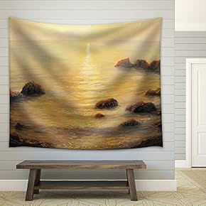 Colorful Golden Sunrise with Sunpath on The Sea Surface, Painted on The Canvas - Fabric Wall Tapestry Home Decor - 51x60 inches