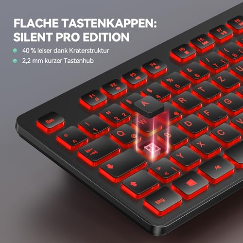 TECKNET Wired Keyboard USB with 7 Colours RGB Lighting, German QWERTZ Full Size, Quiet Keyboard Splash-proof for PC/Laptop (Windows/Mac) - Black