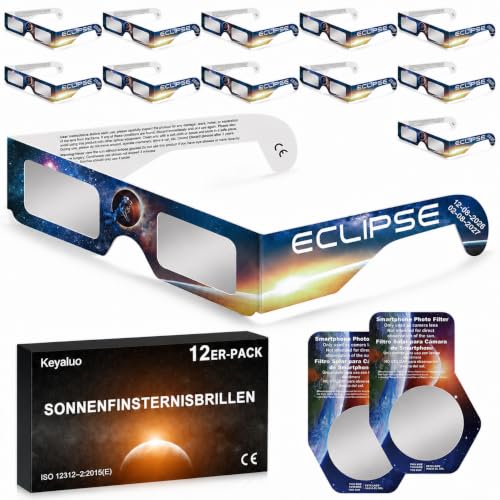 Sonnenfinsternis Brille,12 Pack,EN ISO 12312-2:2015(E) & CE-zertifiziert,AAS Zertifizierung 2026,Sonnenfinsternis Brillen zur direkten Sonnenbeobachtung