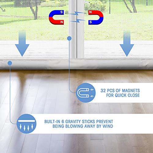 2021Upgraded Screen Door with 32 Gravity Sticks Heavy Duty Fiberglass Mesh