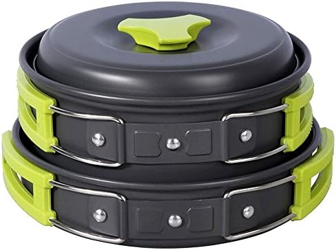 Camping Cookware Mess Kit Backpacking Gear & Hiking Outdoors Bug Out Bag Cooking Equipment 10 Piece Nonstick Cookset Lightweight, Compact,Durable Picnic Bowl Pot Pan Set - Free Folding Spork Nylon Bag