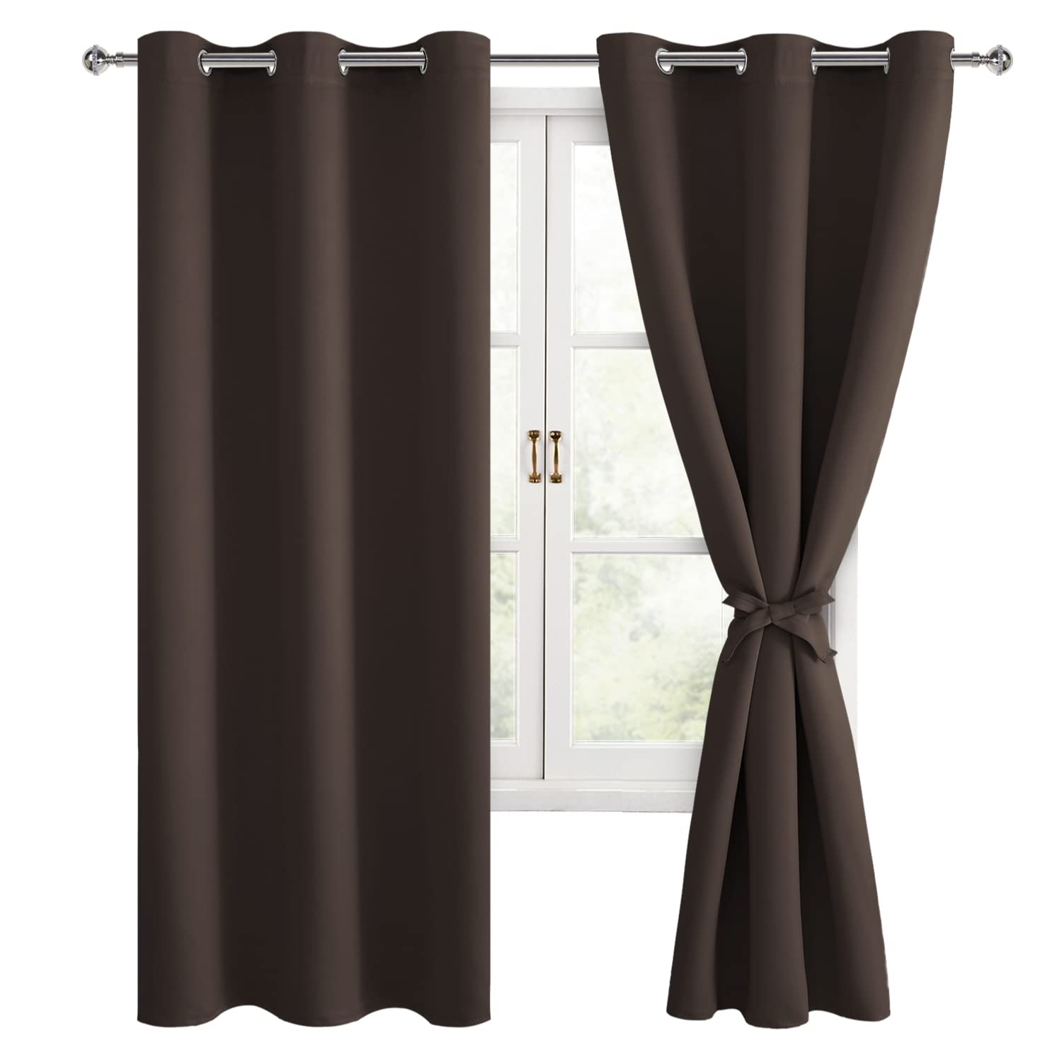 Hiasan Blackout Curtains for Bedroom and Living Room, Thermal Insulated, Noise Reducing Window Curtain Panels, Tiebacks Included, Set of 2, Grommet Top (Brown, Width 42 Inch x Length 72 Inch) Image