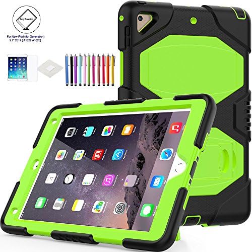 New iPad 2017 Case, Fitvers Three Layer Heavy Duty Soft Silicone Hard Bumper Case with Built-in Stand shockproof Rugged Protective Cover for Apple New iPad 2017,Free Stylus + Screen Protector- Green