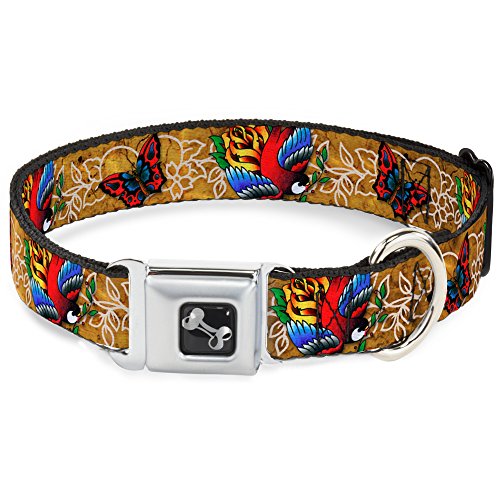 Dog Collar Seatbelt Buckle Tattoo Johnny Bird Rose 11 to 17 Inches 1.0 Inch Wide