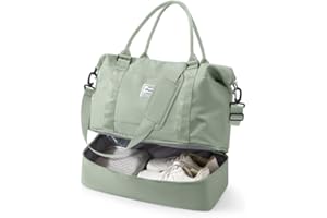 VECAVE Spirit Travel Duffel - 18x14x8 Inches Weekender Overnight Bag with Shoes Compartment, Trolley Sleeve, Carry On for Airplanes, Sport Tote Gym Bag in BeigeGreen