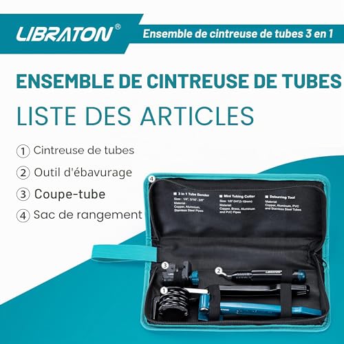 LIBRATON Pipe Bending Machine, Copper Pipe Bender, 180 Degree Bending Tool, 3 in 1 Manual Bending Machine 1/4", 5/16", 3/8", with Tube Cutter, Deburring Tool, for Brass, Aluminum Tube