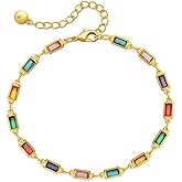 Dainty Rectangular Colorful Rhinestones Glass Chain Link Bracelet for Women Gold Minimalist Handmade Geometric Multicolor Rainbow Diamond Adjustable Bracelets Trendy Jewelry for Her