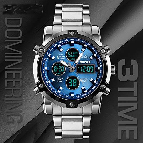 Stainless Steel Strap Outdoor Sport Watch Analog Digital LED Dual Time Display Mens Watch (Silver Blue)
