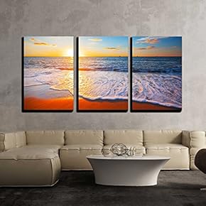 3 Piece Canvas Wall Art - Sunset and sea - Modern Home Art Stretched and Framed Ready to Hang - 16"x24"x3 Panels