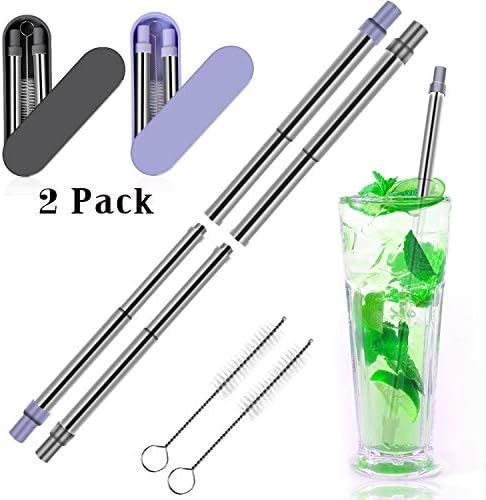 Portable Reusable Straws-Telescopic Stainless Steel Removable Metal Drinking Straw with Premium Case and Cleaning Brush(Black&Blue,2 Pack)