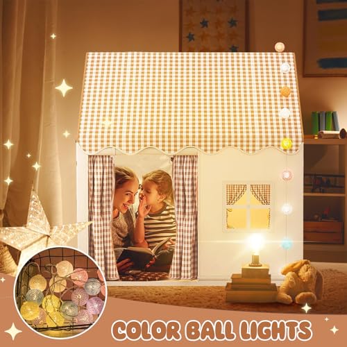 Pomefar Large Kids Tent with LED Lights & Party Decor, Indoor/Outdoor Playhouse for Boys & Girls Ages 3-10, Princess Castle Design for Birthday, Room Decor & Family Gatherings