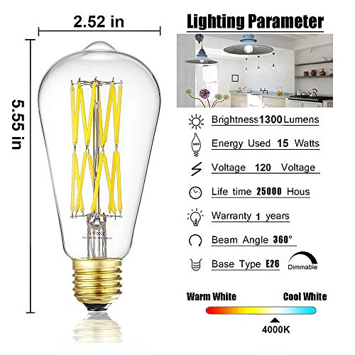 Vintage LED Edison Bulb Dimmable 15W Led Filament Light Bulb ST64 1300 Lumen 4000K Daylight White 100-120 Watt Incandescent Equivalent E26 Base Decorative Antique Lamp for Home Bathroom Bedroom 4 Pack