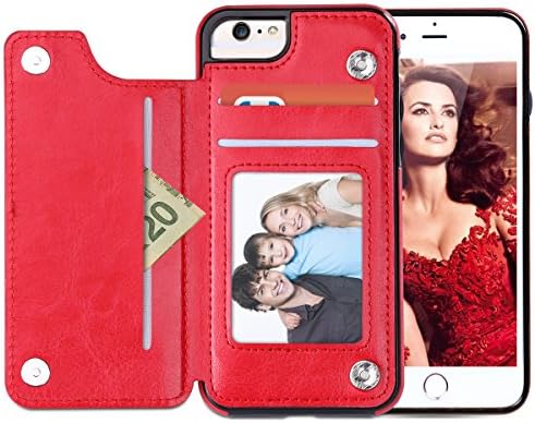 iPhone 6 Wallet Card Case, Aemotoy Premium PU Leather Flip iPhone 6s Case with Credit Card Slot Dual Layer Anti-Scratch Shockproof Protective Cover Soft TPU Bumper for iPhone 6/ iPhone 6s - Red