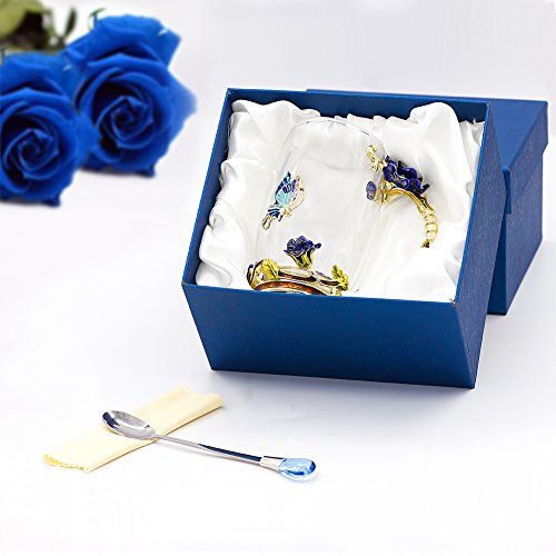 Daycindy Handmade Glass Coffee Mugs Blue Rose Tea Cup Spoon Set (13oz, Rose Blue)